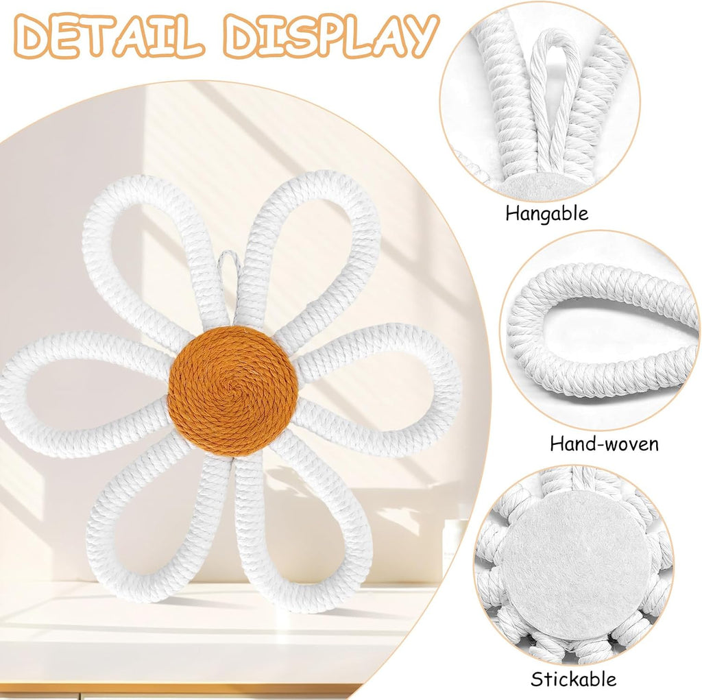 6 Pcs Boho Nursery Decor,Woven Macrame Daisy Flower Wall Hanging in 3 Sizes,Floral Wall Art for Bohemian Bedroom