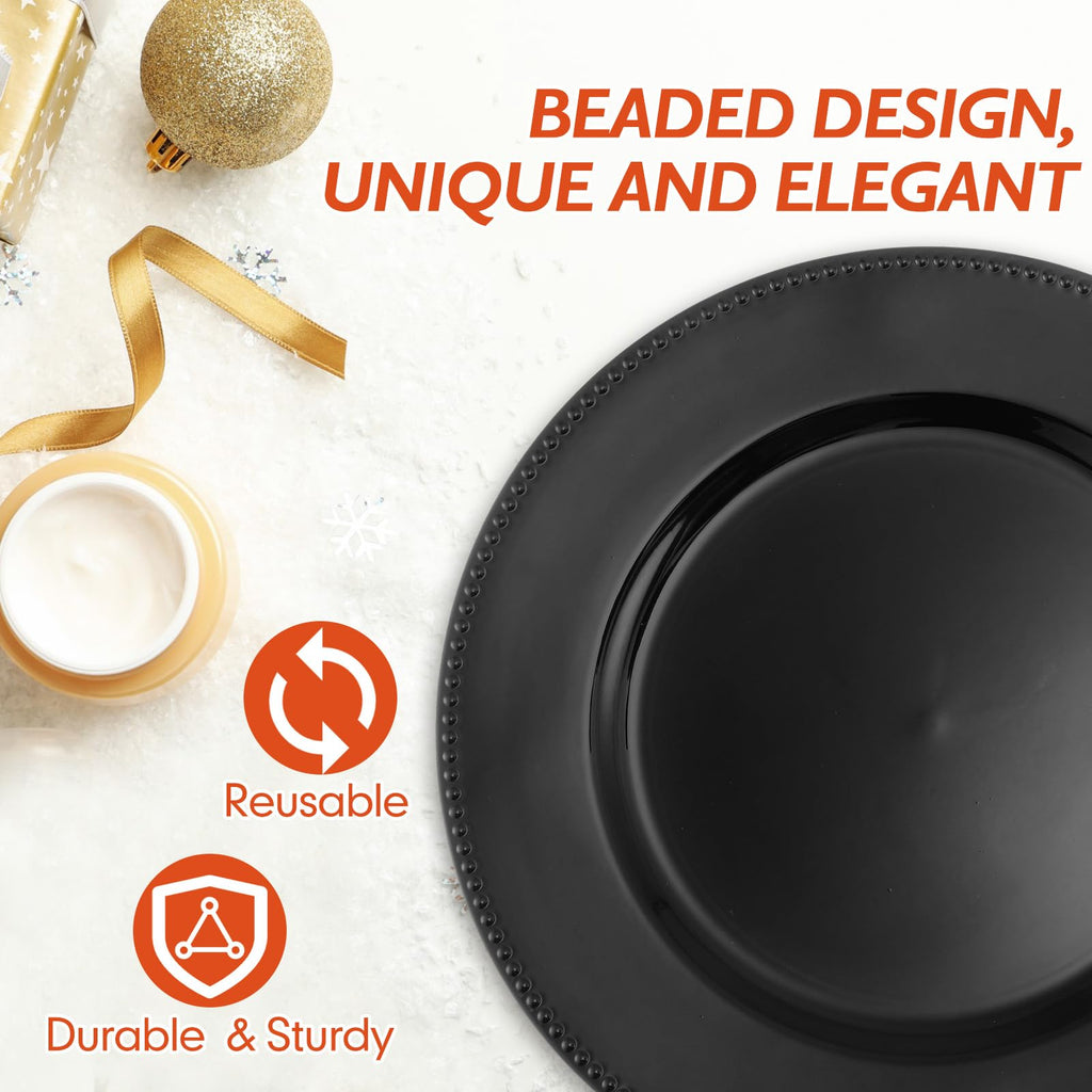 100 Pack 13 Inch Black Charger Plates with Beaded Round