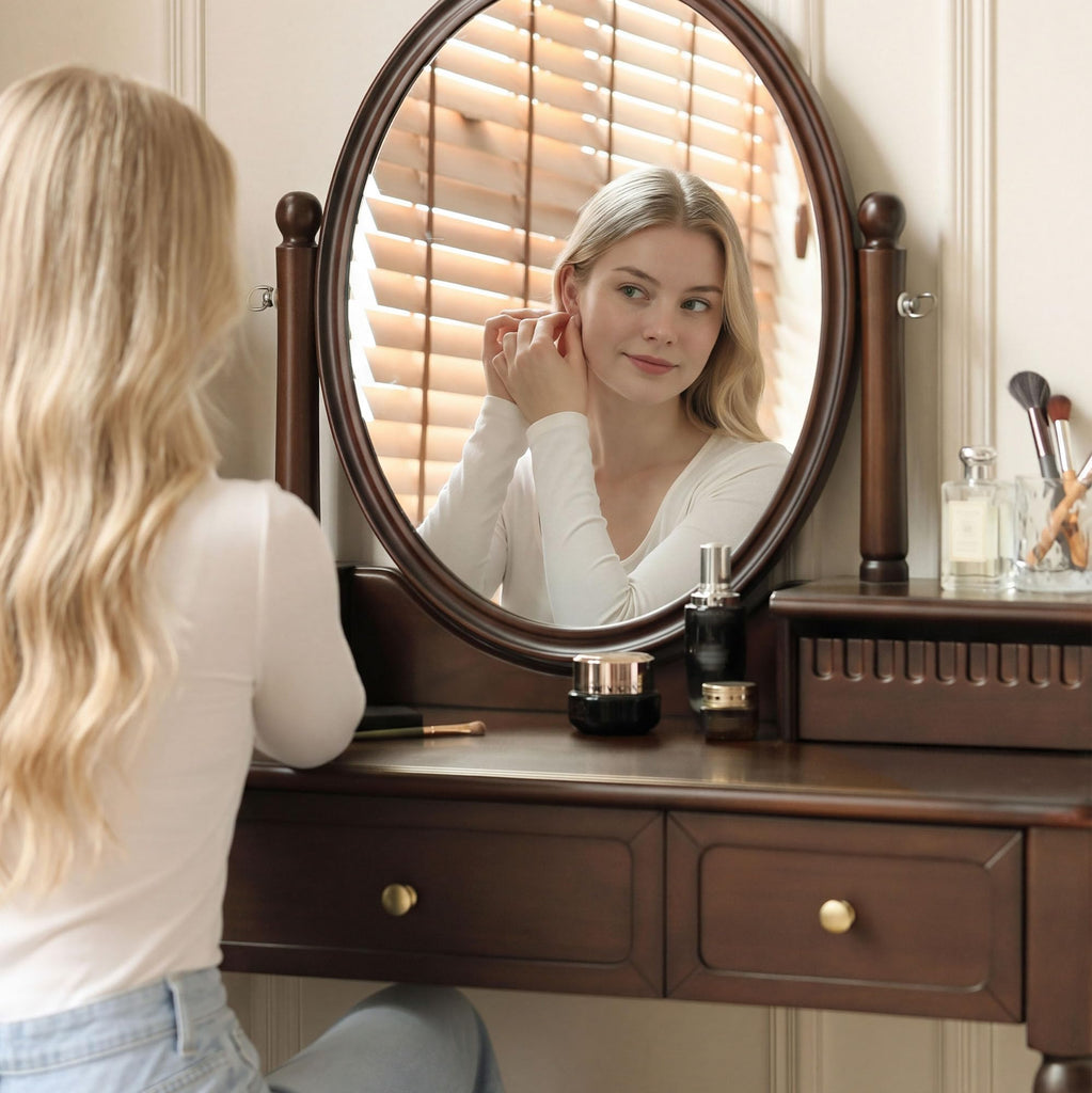 Vintage Vanity Desk with Adjustable Mirror, Walnut