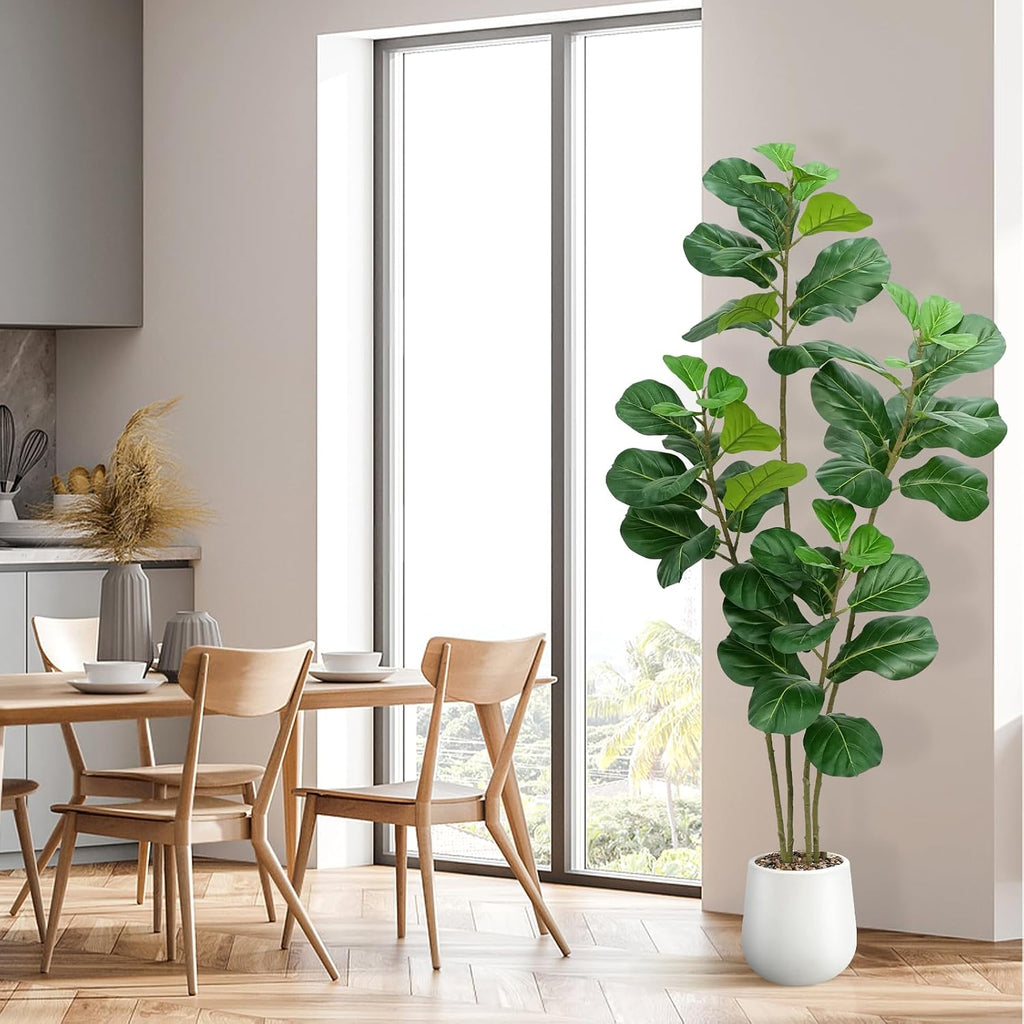 Faux Fiddle Leaf Fig Tree 5ft with White Planter 4 Trunk Fake Plants in Pot