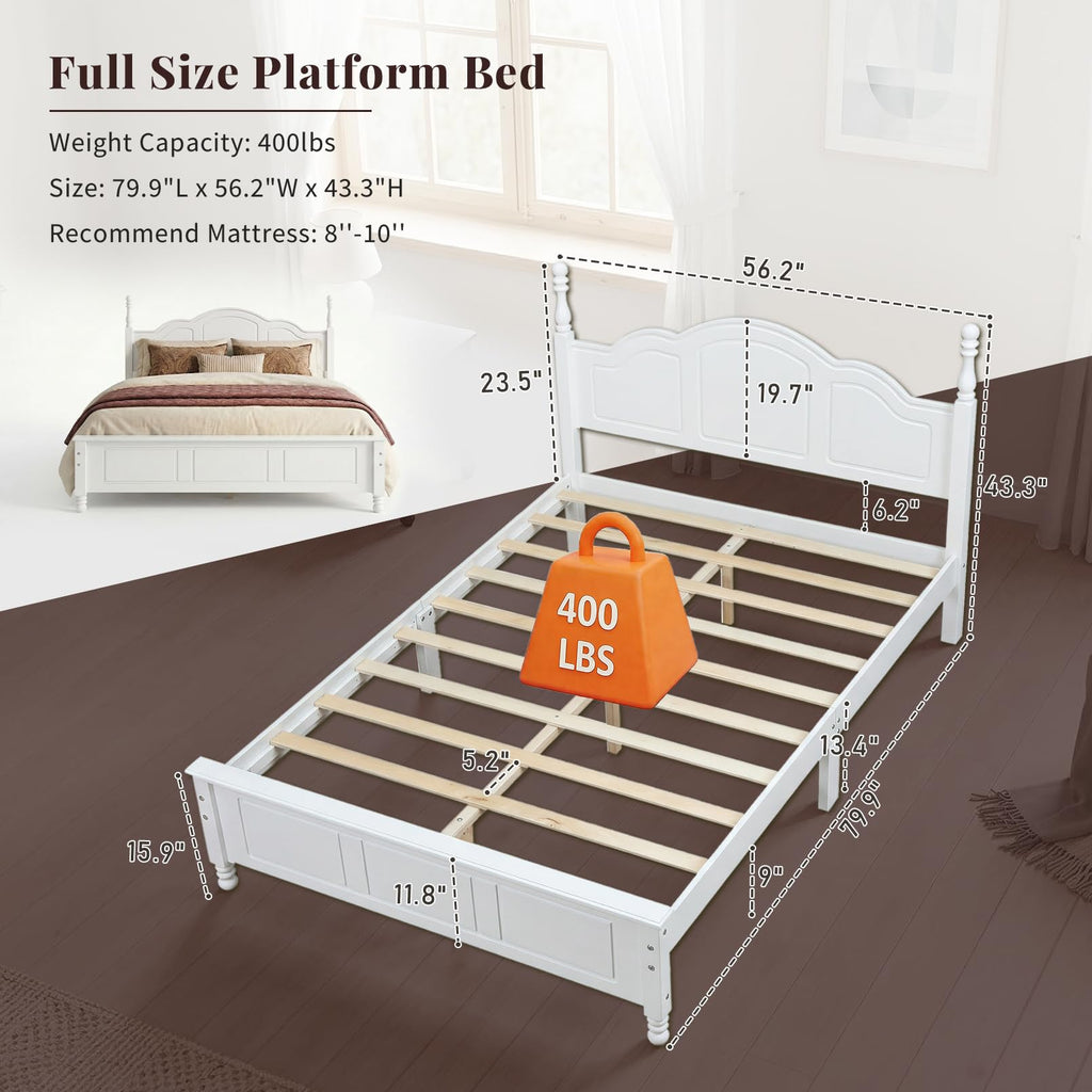 White Wood Bed Frame Full Size with Wave Shaped Gothic Headboard