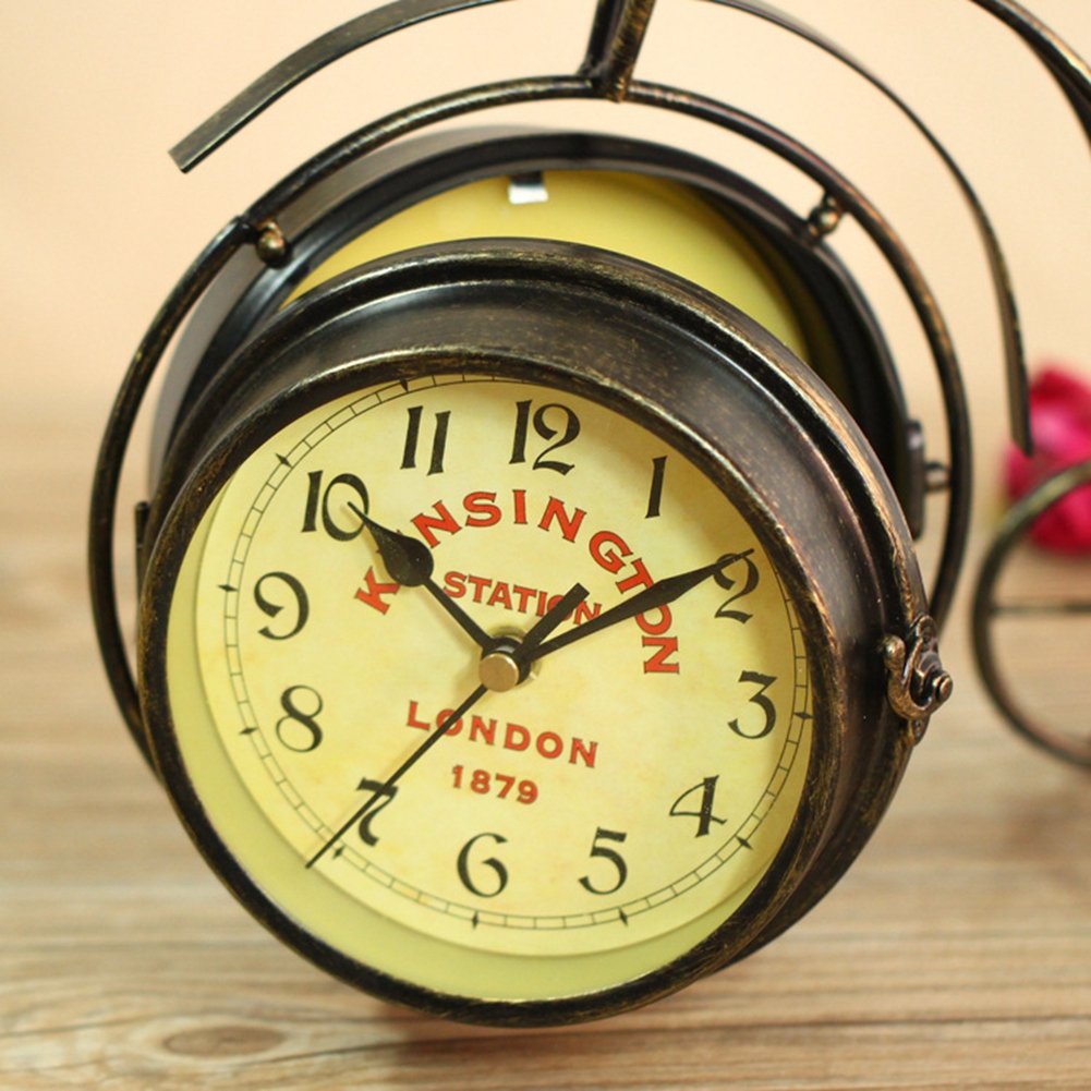 Desk Clock Vintage Table Clock Desktop Farmhouse Tabletop Metal Clock Bedroom Silent Quartz Decor Double Sided