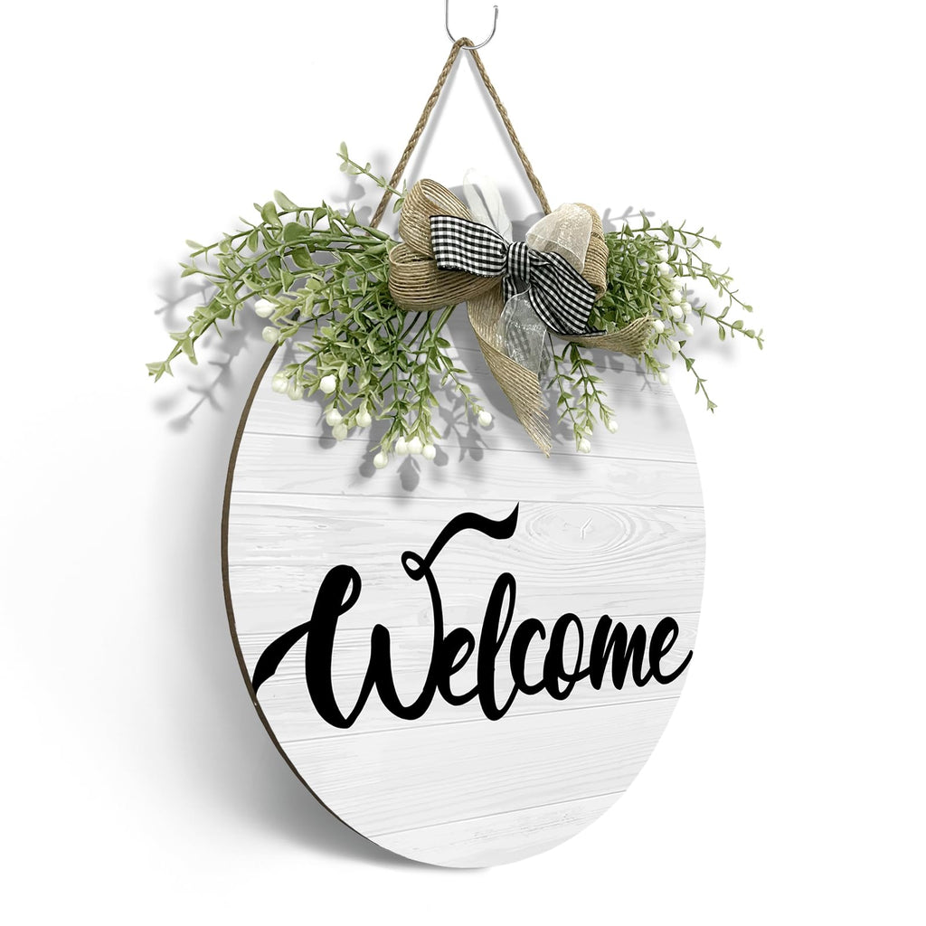 Welcome Door Sign Decorations Door Wreath Wooden Seasonal Door Hangers for Indoor Porch 12x12 in