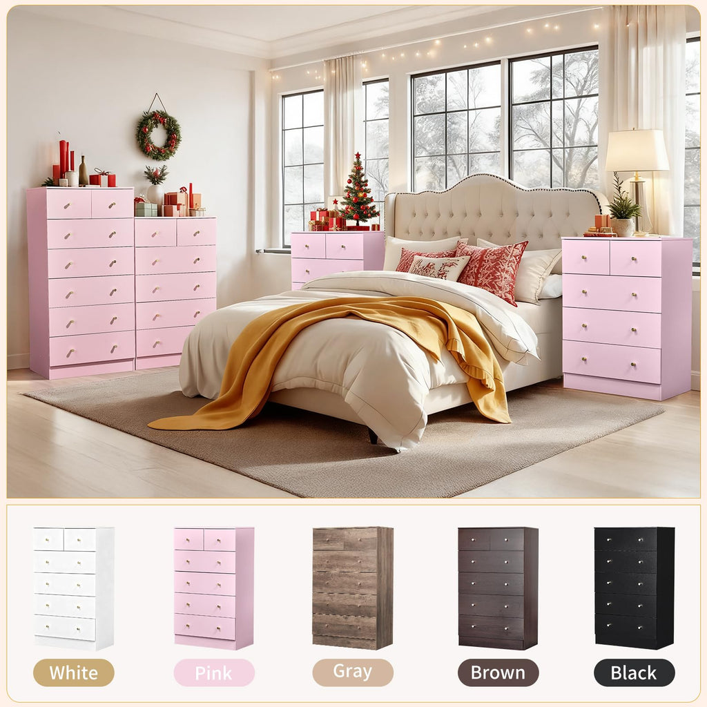 Pink 6 Drawer Dresser, Rose Gold Handle Modern Bedroom Chest