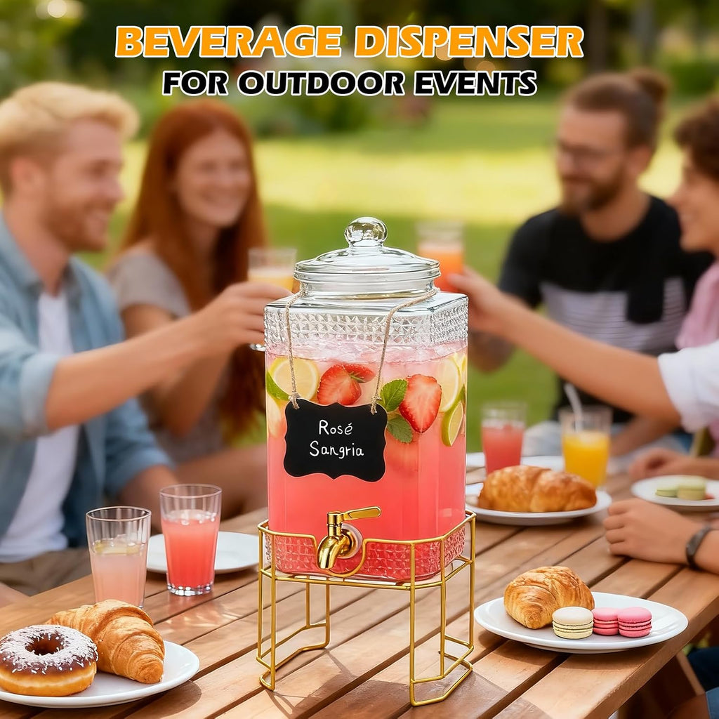 Drink Dispenser for Parties with Stand - 2 Gallon Beverage Dispenser with 18/8 Gold Stainless Steel Leak-Proof Spigot