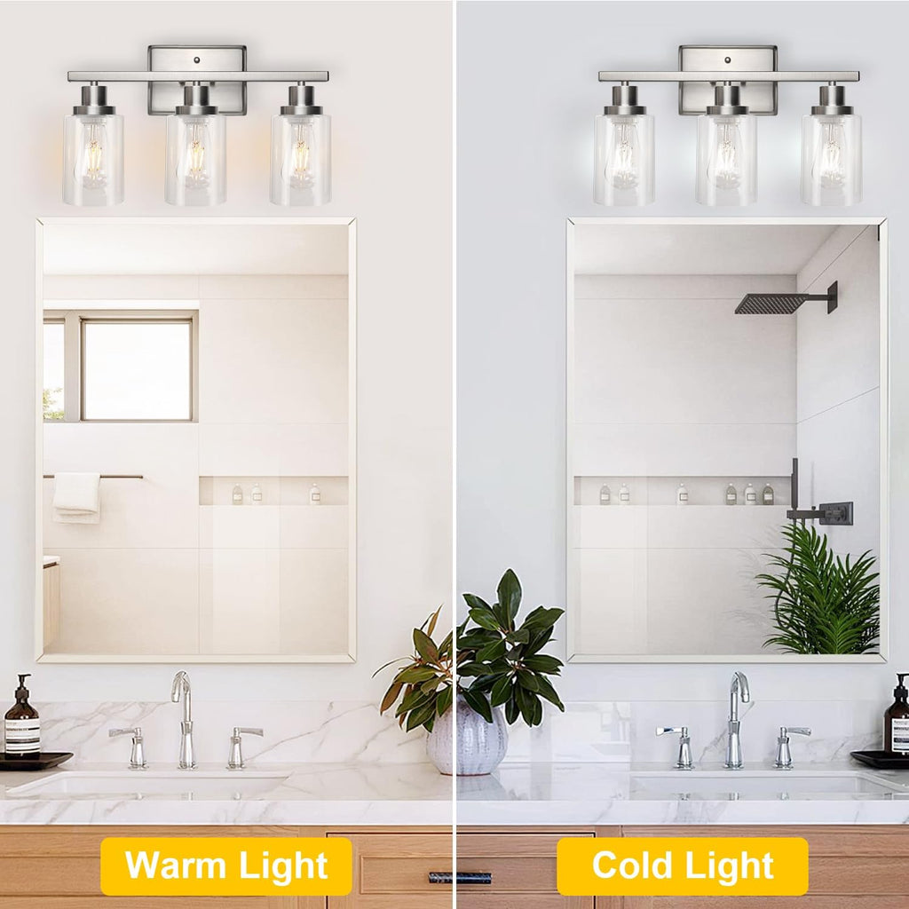 Bathroom Vanity Light Fixtures, 3 Light Wall Sconces Lighting with Clear Glass Shade, Brushed Nickel Wall Lights for