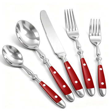 Vintage Silverware Set Service for 4, Flatware Set with Red Bakelite Handle, Stainless Steel Cutlery Set, Dishwasher
