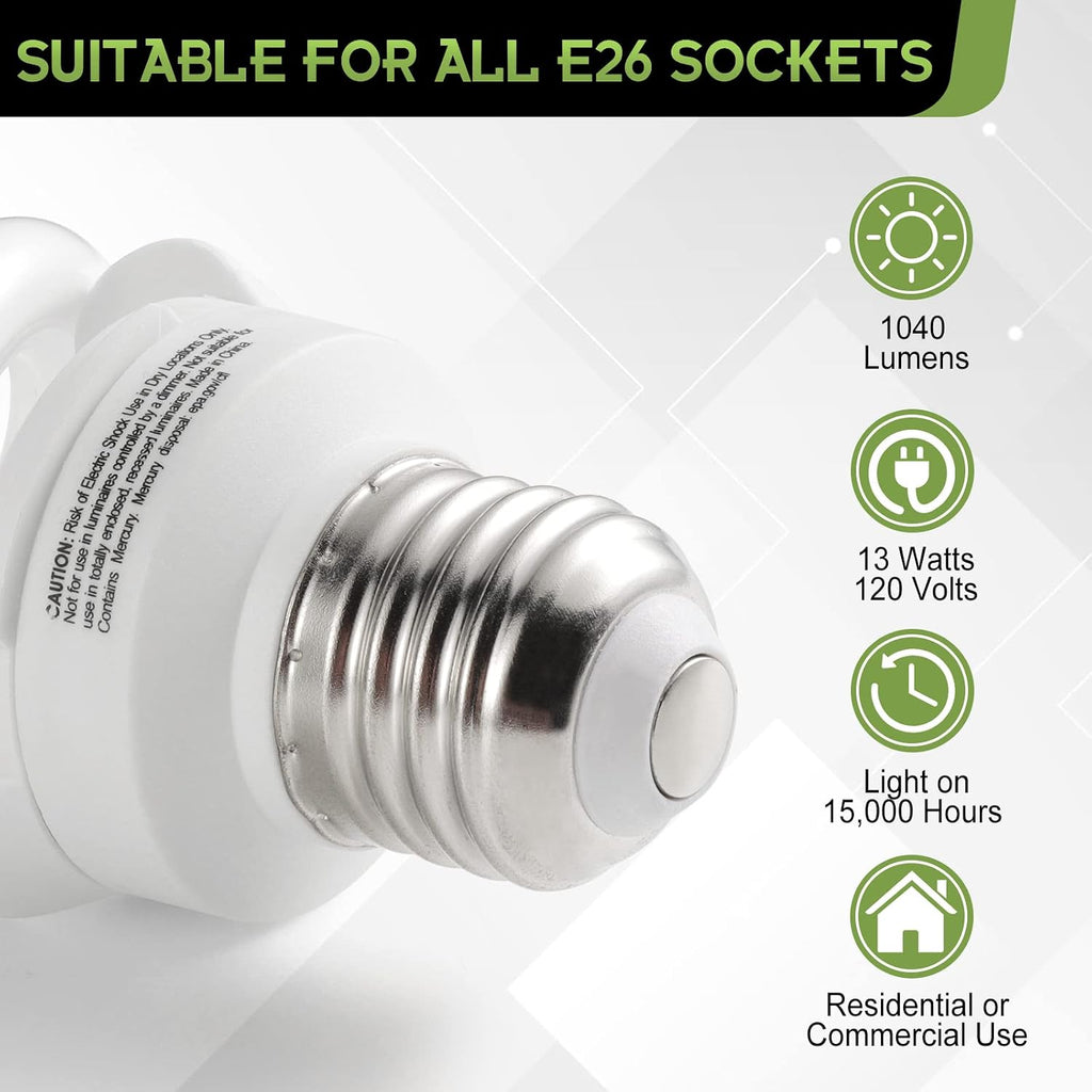 E26 Spiral CFL Light Bulbs Medium Base 13Watt (60Watt Equivalent) Soft White 2700K, 1040Lm Non-dimmable Compact