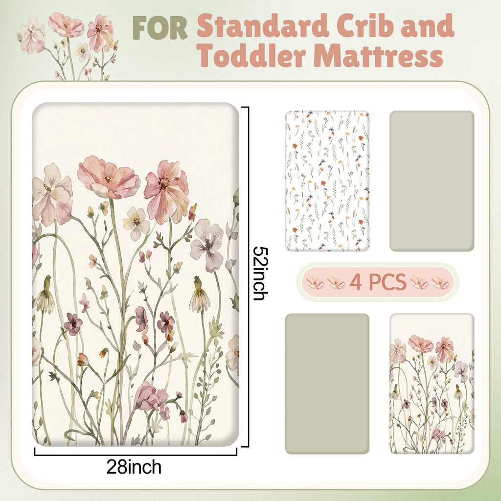 4 Pack Boho Floral Crib Fitted Sheet for Boy Girl, Multicolor