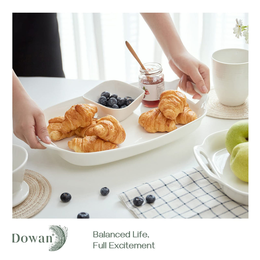 Serving Tray with Handles, 15.4" Large Platters for Wedding Decor, Porcelain Serving Dish for Entertaining, White