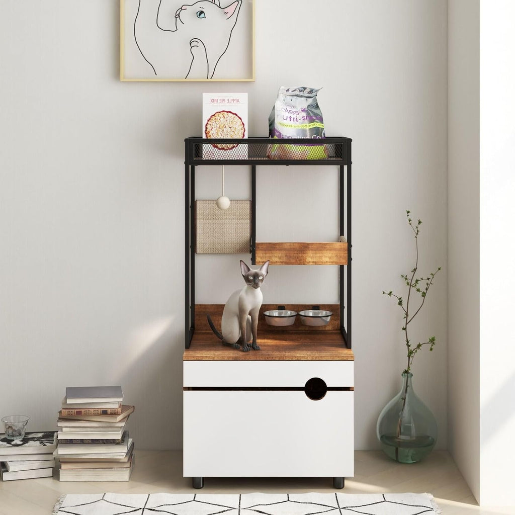 48" Tall Hidden Cat Litter Box Enclosure with Cat Tree Tower, Scratching Pads, and Ample Storage Space, Industrial