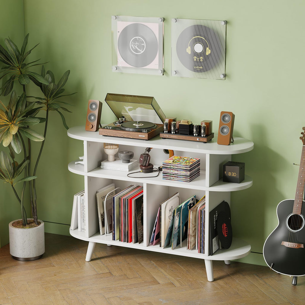 Large Round Record Player Stand, Wood Record Storage Cabinet, Vinyl Record Holder with Display Area, Mid Century