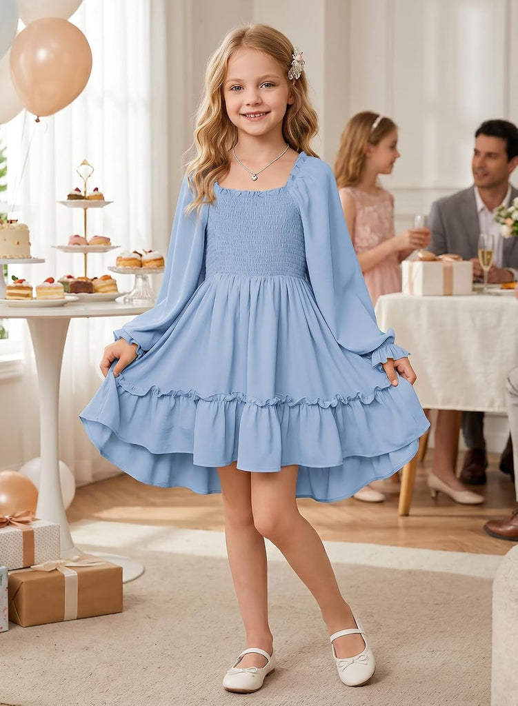 Girls Long Sleeve High-Low Hem Dress Fall Boho Ruffle Casual