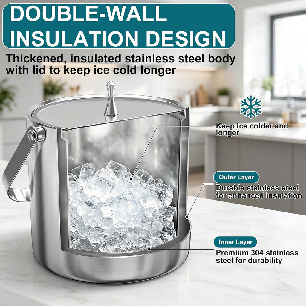 Ice Bucket for Parties, 3.4Qt/3.2L Double-Wall Stainless Steel Insulated Ice Bucket with Lid, Scoop, Tongs