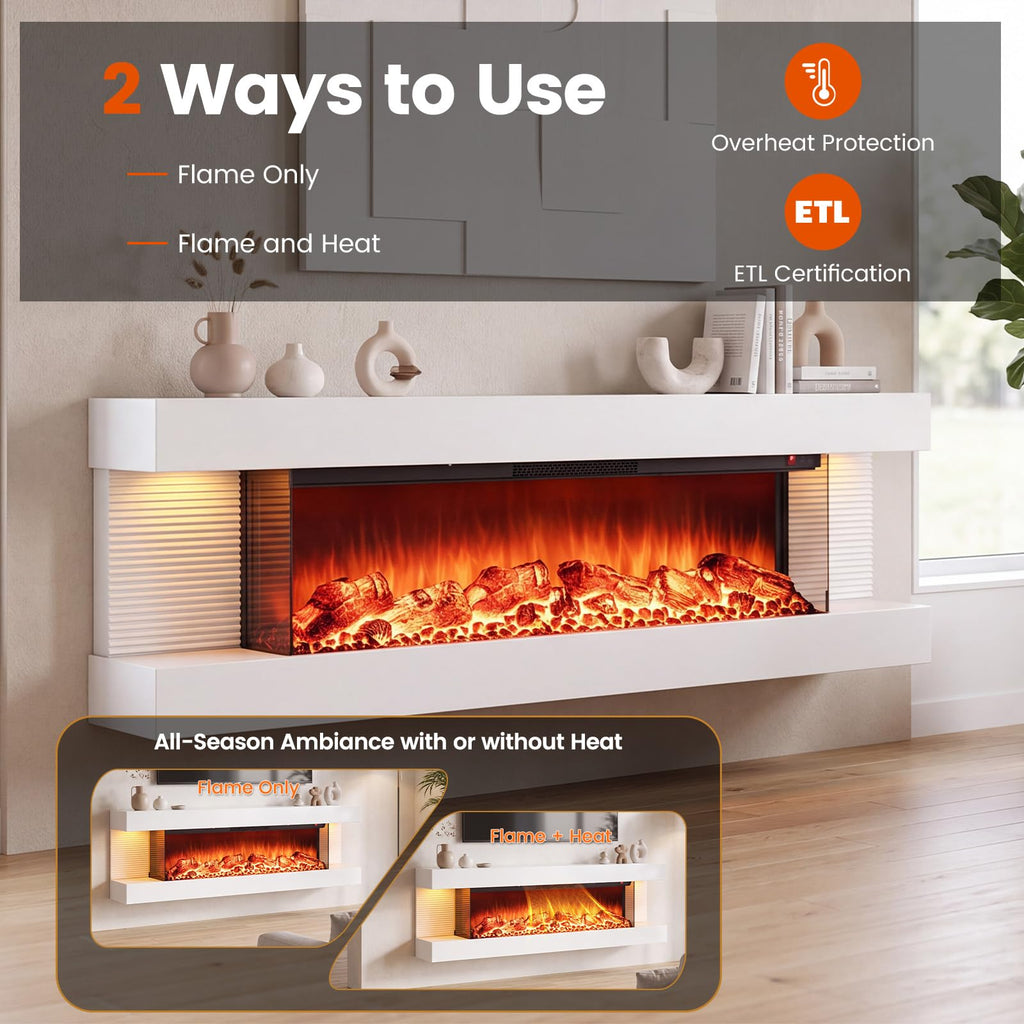 3 Sided Wall Mount Electric Fireplace w/ 50" Floating Mantel, White