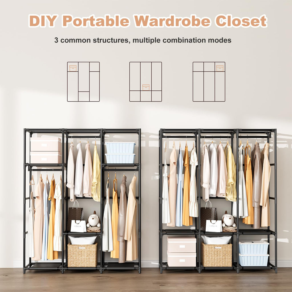 Wardrobe Closet Portable Closets for Hanging Clothes Large Capacity Clothes Rack with Cover, 3 Hanging Rods, 6