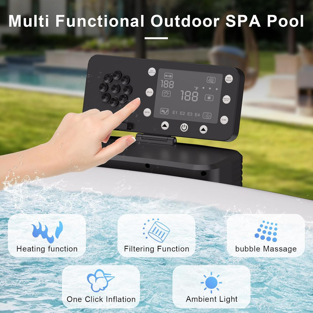 4-6 Person Round Inflatable Hot Tub, Portable Outdoor Spa with Max 104 °F Thermostatic Heating, Auto Inflation, 6 LED