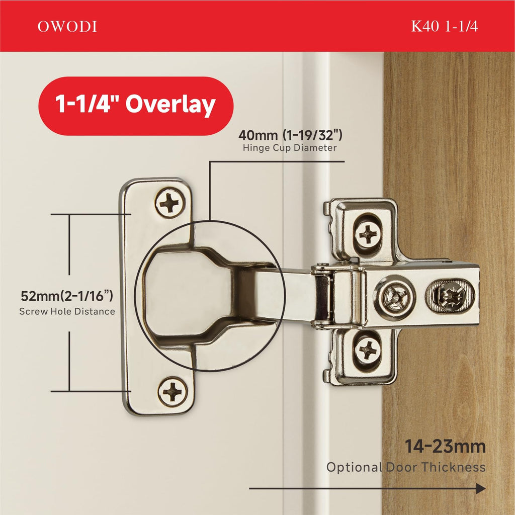 6 Pack 1-1/4 Inch Soft Close Cabinet Hinges - 40mm Cup Diameter, 95° Opening, 3-Way Self-Closing, Concealed Hinges