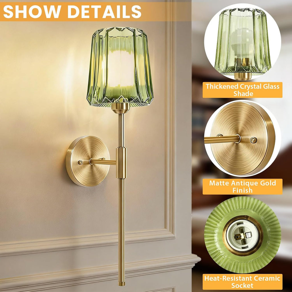 Crystal Battery Operated Wall Sconces Set of 2, Green Rechargeable Wireless Wall Sconce Lights with Crystal