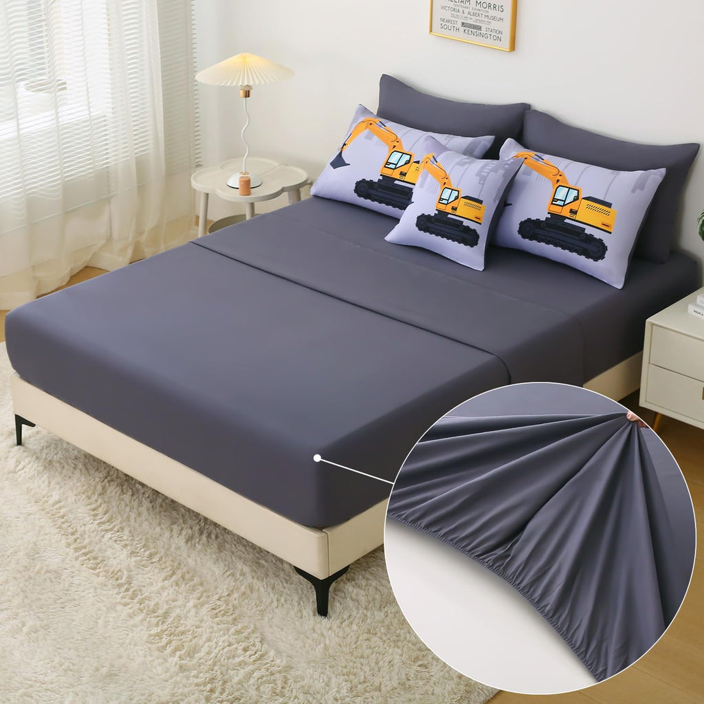 Construction Twin Bedding Sets for Boys Kids,6 Piece Bed in A Bag 3D Cartoon Car Excavator Tractor Comforter Set with