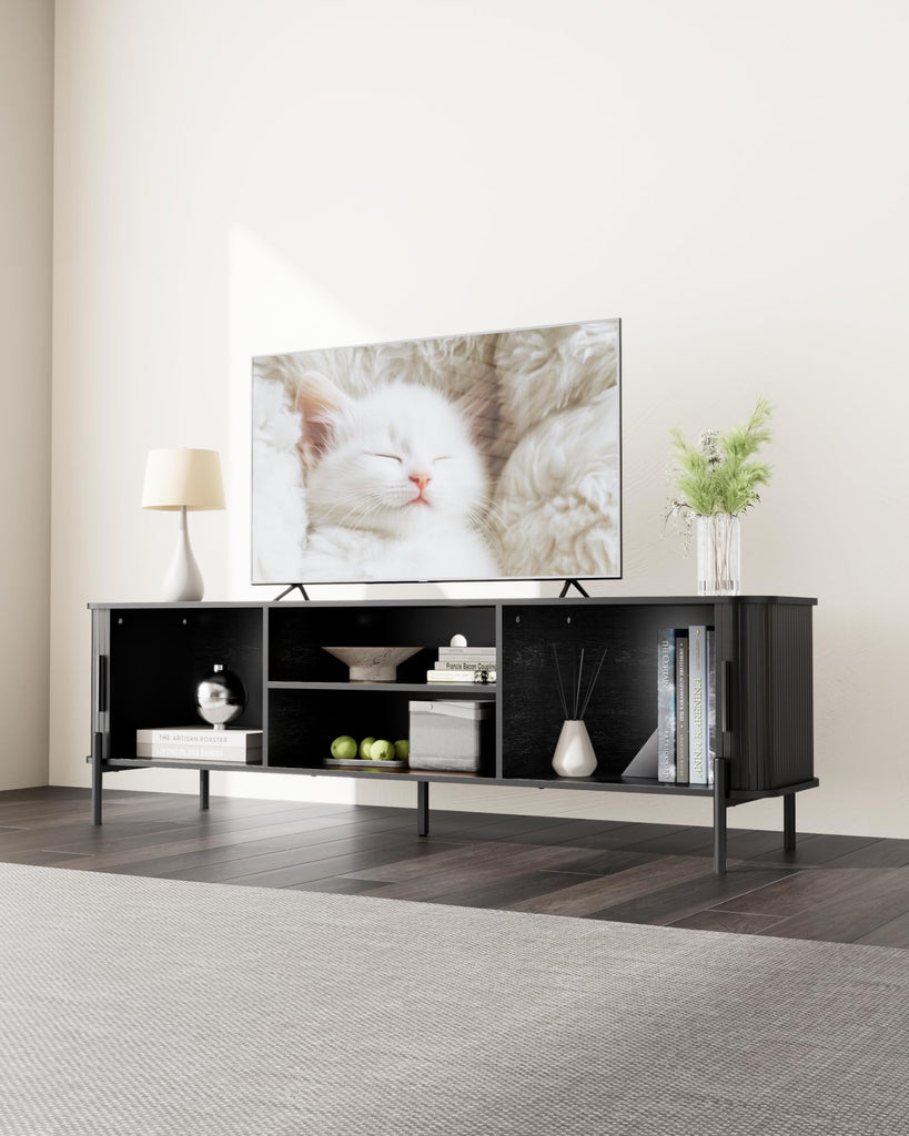 70" Mid-Century Fluted TV Stand with Storage up to 80 Inch, Black