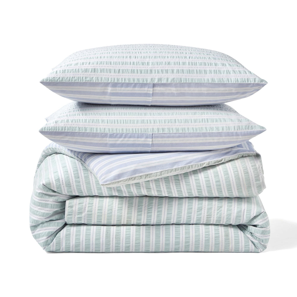 Full/Queen Comforter Set - 100% Cotton, Seersucker Stripe Reversible Design - Includes Shams - 3-Piece - Green/Blue