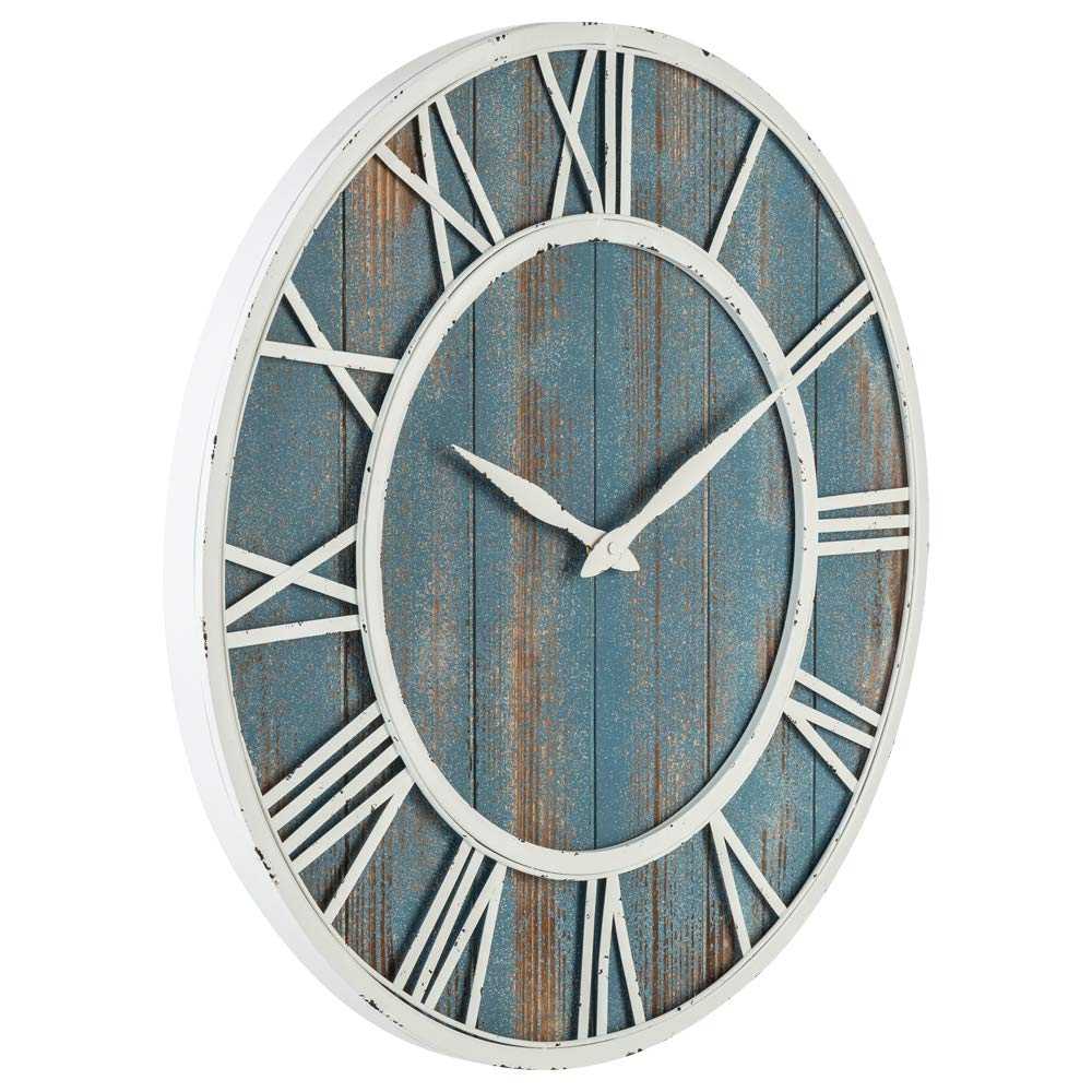 24" Coastal Wall Clock - Metal & Solid Wood Noiseless Weathered Beach Blue Wall Clock (Coastal Blue, 24-inch)
