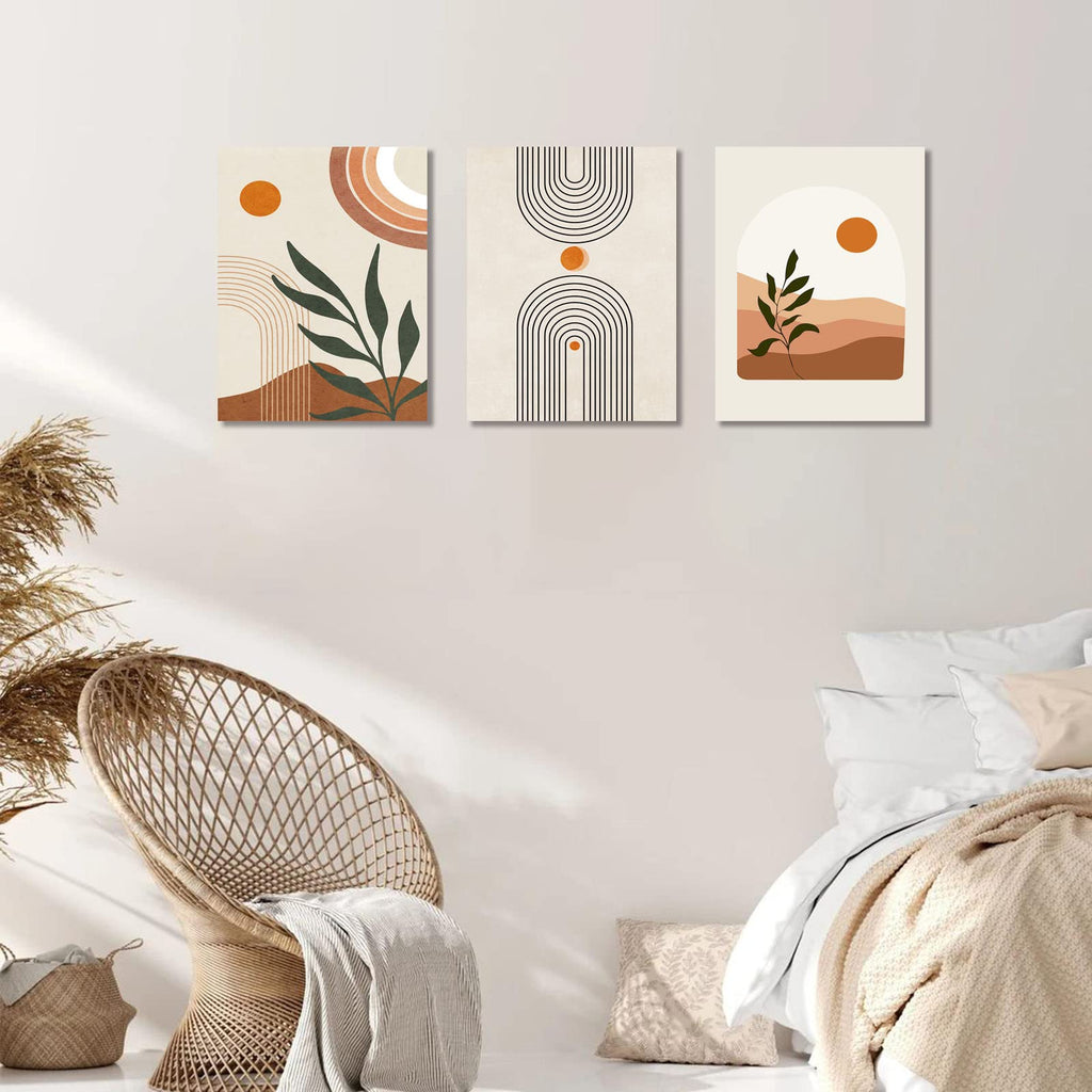 Boho Wall Art Set of 3, MidCentury Modern Wall Prints Framed Canvas Paintings Minimalist Abstract Geometric Beige