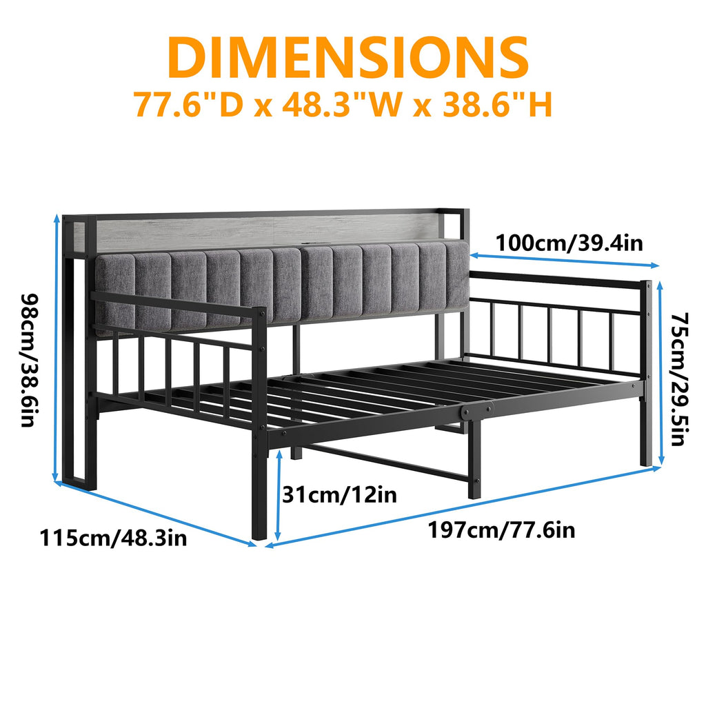 Metal Daybed Frame Twin Size with Charging Station, Metal Twin Bed Frame with Upholstered Headboard with Strong Steel