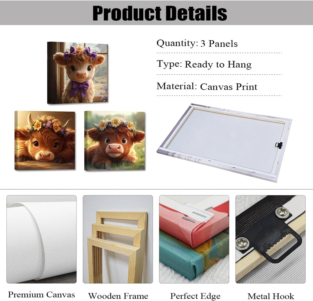Highland Cow Wall Art Cute Animal Canvas Print 3 Pieces Baby Highland Cow Picture Farm Animal Prints Farmhouse Kids