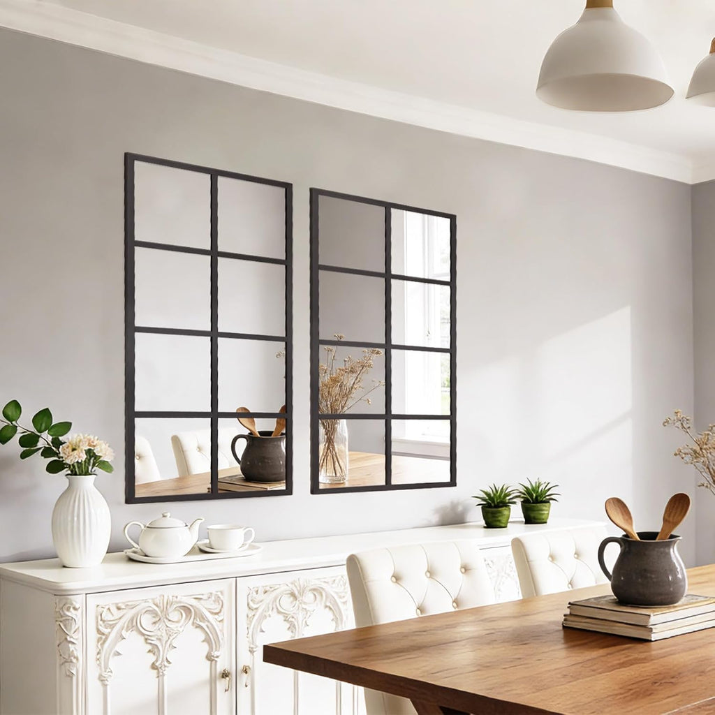 Wall Mirror 16" x 32", Set of 2 Rectangle Window Pane Decorative Mirrors, Metal Framed Wall Mounted Mirror