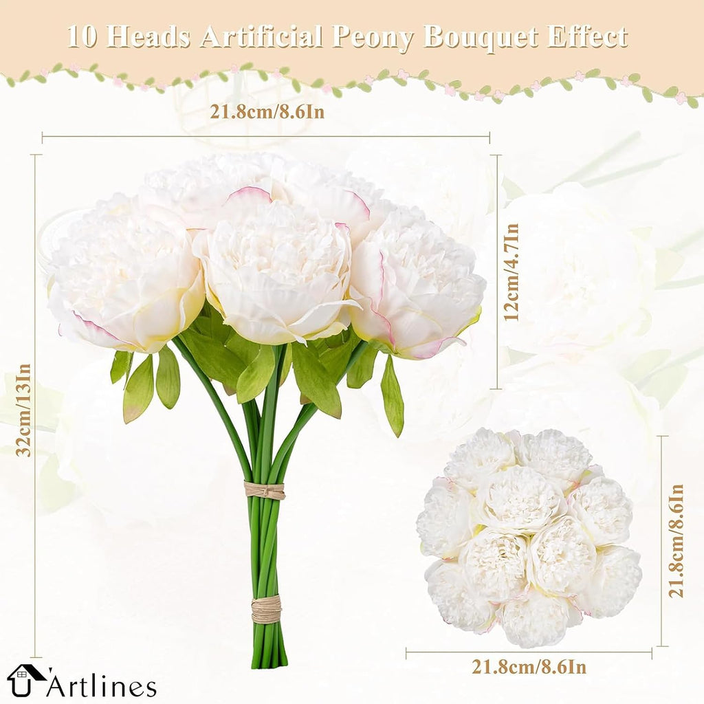 Heads Artificial Peonies Silk Flowers Bouquet Cream White - Set of 10
