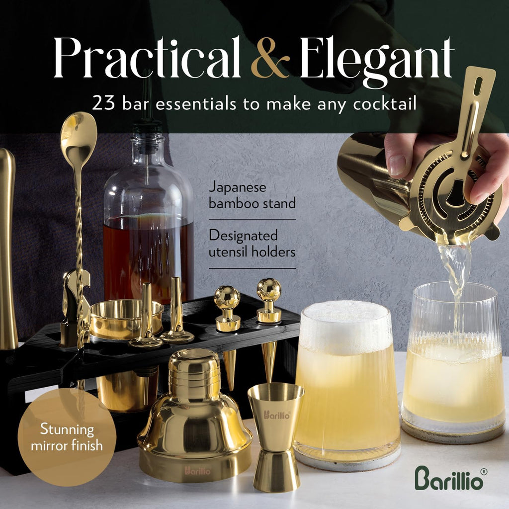 Gold Bartender Kit - Stainless-Steel Cocktail Shaker Set w/Black Bamboo Stand - Mixology Bar Tools w/Drink Shaker - Set of 23