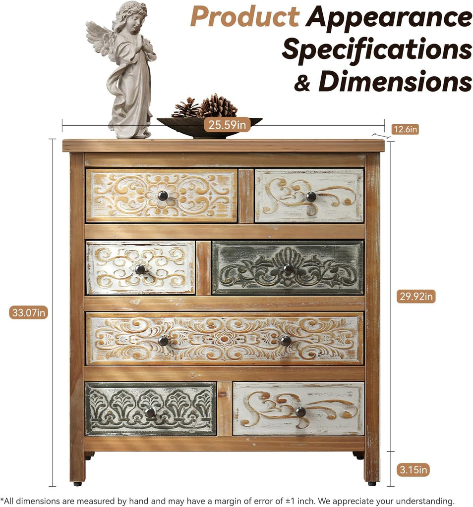 26" Vintage Freestanding Storage Chest, Accent Cabinets with Carved Details, Utility Organizer with Multi Drawers