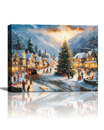 Vintage Christmas Country Canvas Wall Art, Framed Festive Santa Print