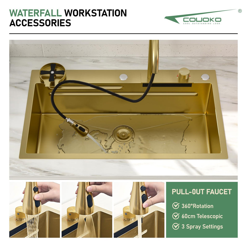 33 Gold Drop In Workstation Waterfall Kitchen Sink with Accessories