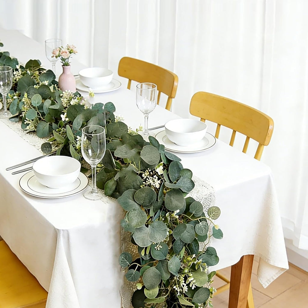Eucalyptus Garland, 6FT Green Garland with Flowers, Artificial Faux Greenery Vines for Wedding Party Table - Set of 4
