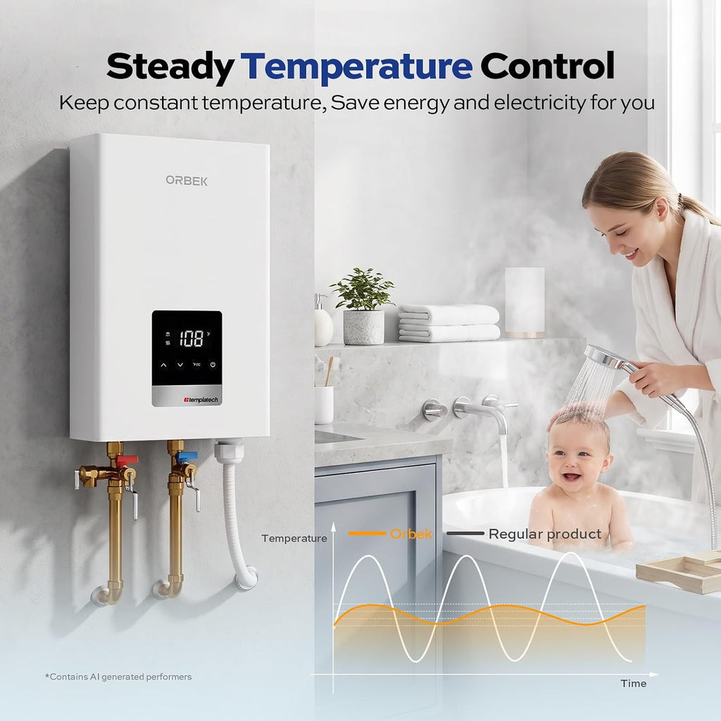 14kW Tankless Water Heater Electric, ORBEK On Demand Instant Hot Water Heater 240V, Max 3.38 GPM