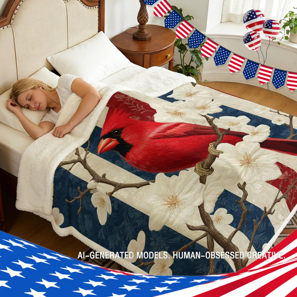 Cardinal Bird Sherpa Blanket with American Flag Stripe and White Blossom Design, Memorial Sympathy Gift Throw for