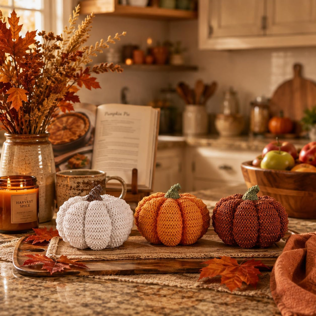 Fall Pumpkin Decor, Resin Pumpkins Figurines for Fall Decor, Rustic Knit Textured Pumpkins Fall Decorations - Set of 3
