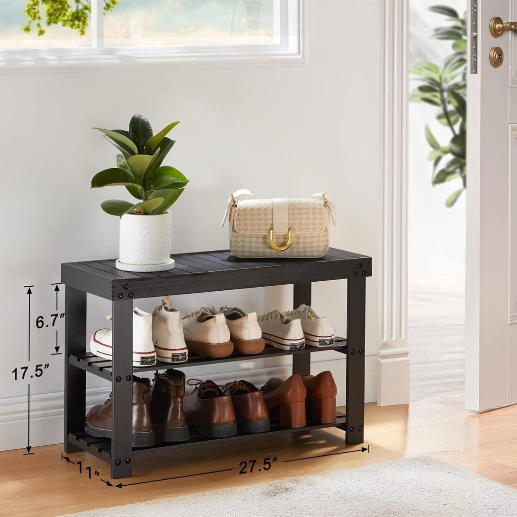 3 Tier Bamboo Shoe Rack Bench, Black