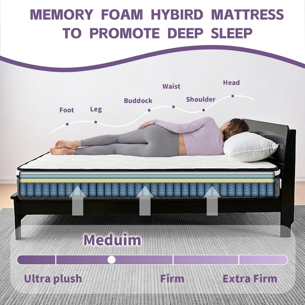Queen Mattress, 12 Inch Cooling Hybrid Queen Mattress in a Box, Medium Firm with Gel Memory Foam & Individual Pocket