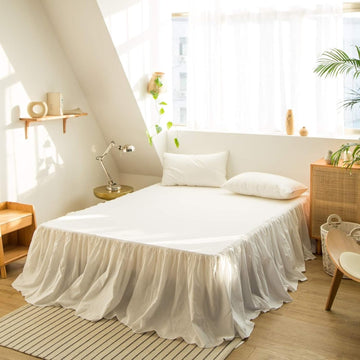 French Linen Bed Skirt with Pleated Frills 22-Inch Tailored Drop Natural Flax Cotton Blend Dust Ruffle Soft Cozy