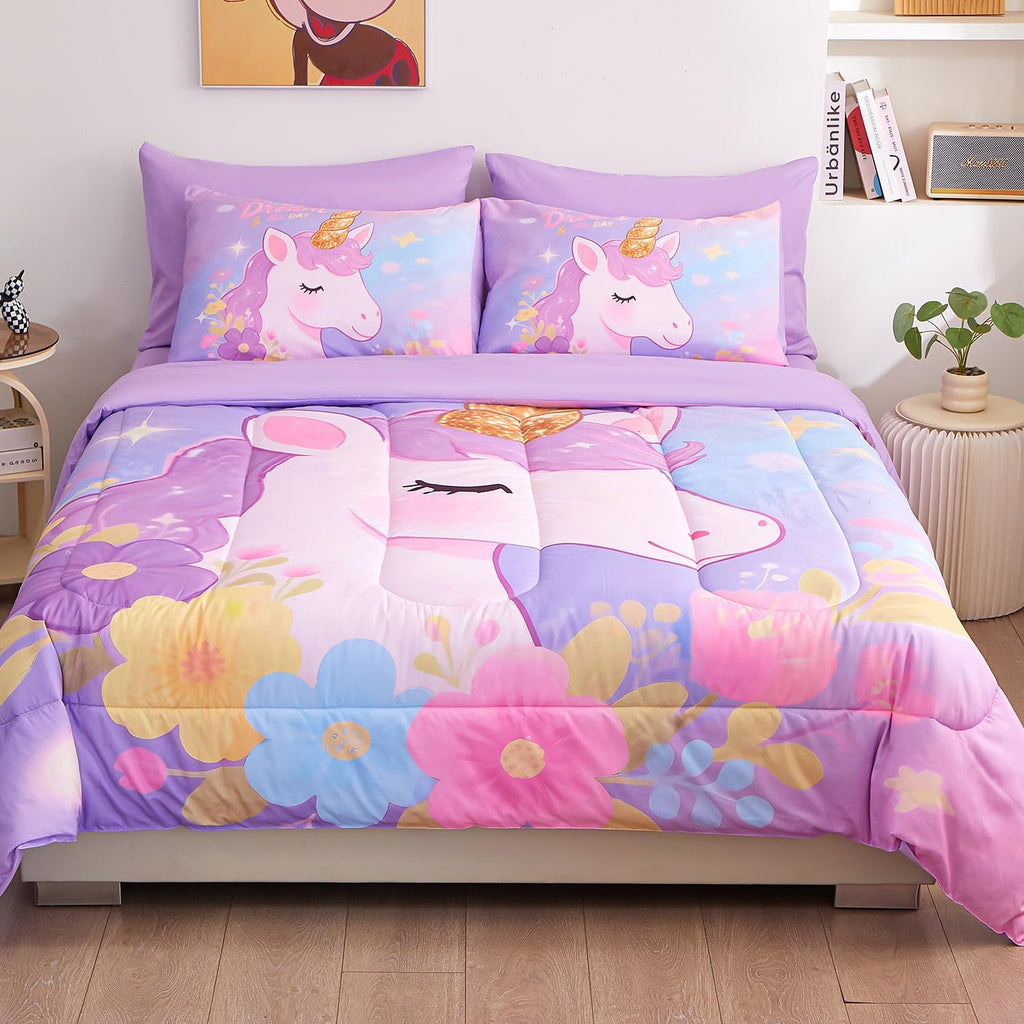 Twin Comforter Set for Girls 5 Piece Unicorn Bedding Set for Girls Super Soft Microfiber Bed Set Bed in a Bag with
