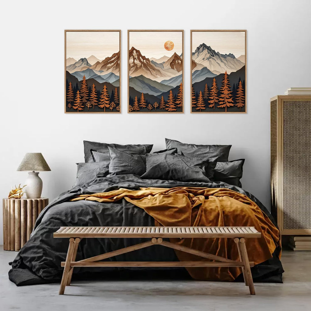 Large Boho Mountain Framed Canvas Wall Art Set, Woodcut Style Mountain Wall Decor, Vintage Forest Pine tree Art