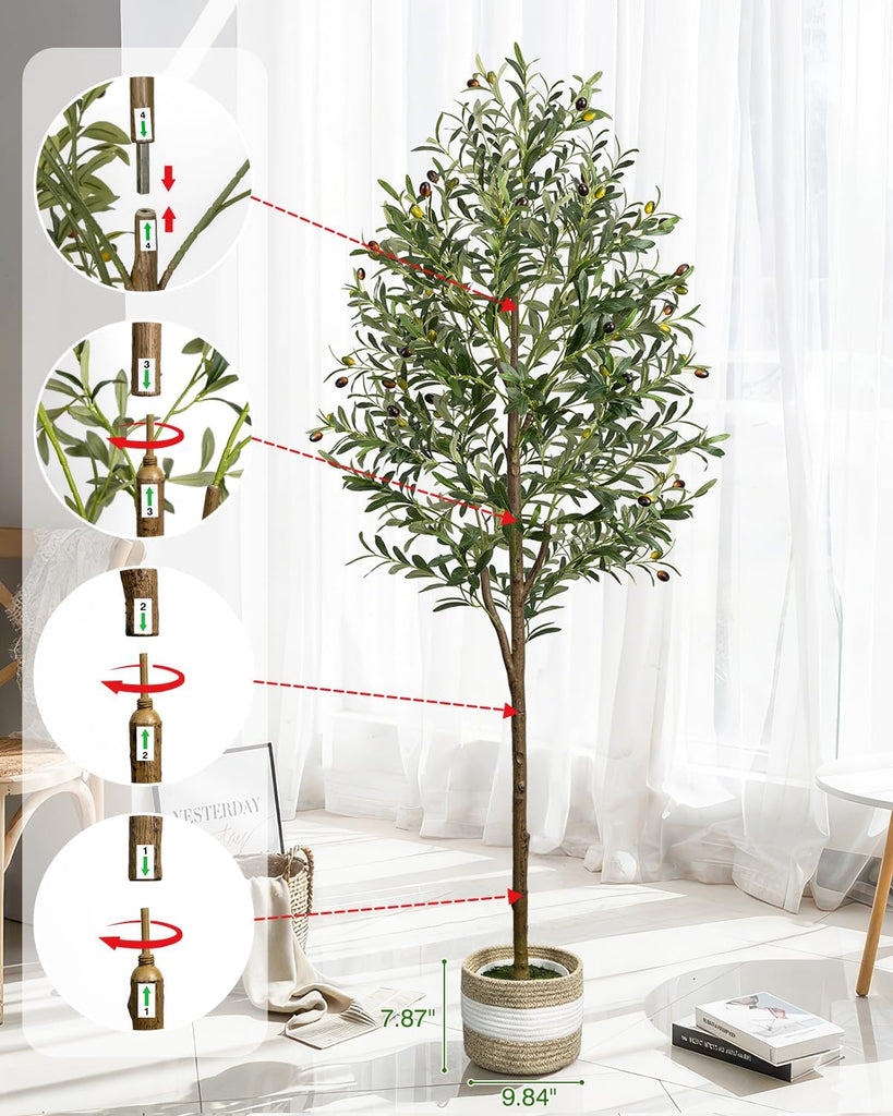 6FT Artificial Olive Tree Indoor Tall Faux with Planter&Basket