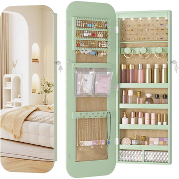 6 LEDs Mirror Jewelry Cabinet Door Hanging, 42.5", Lockable, Green