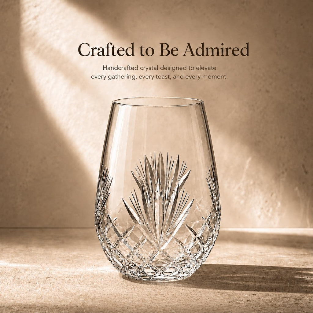 Hand Cut Stemless Wine Glass Set of 4, Large 18 oz Crystal Wine Glass, Wine Tumblers for Red and White Wine, Water