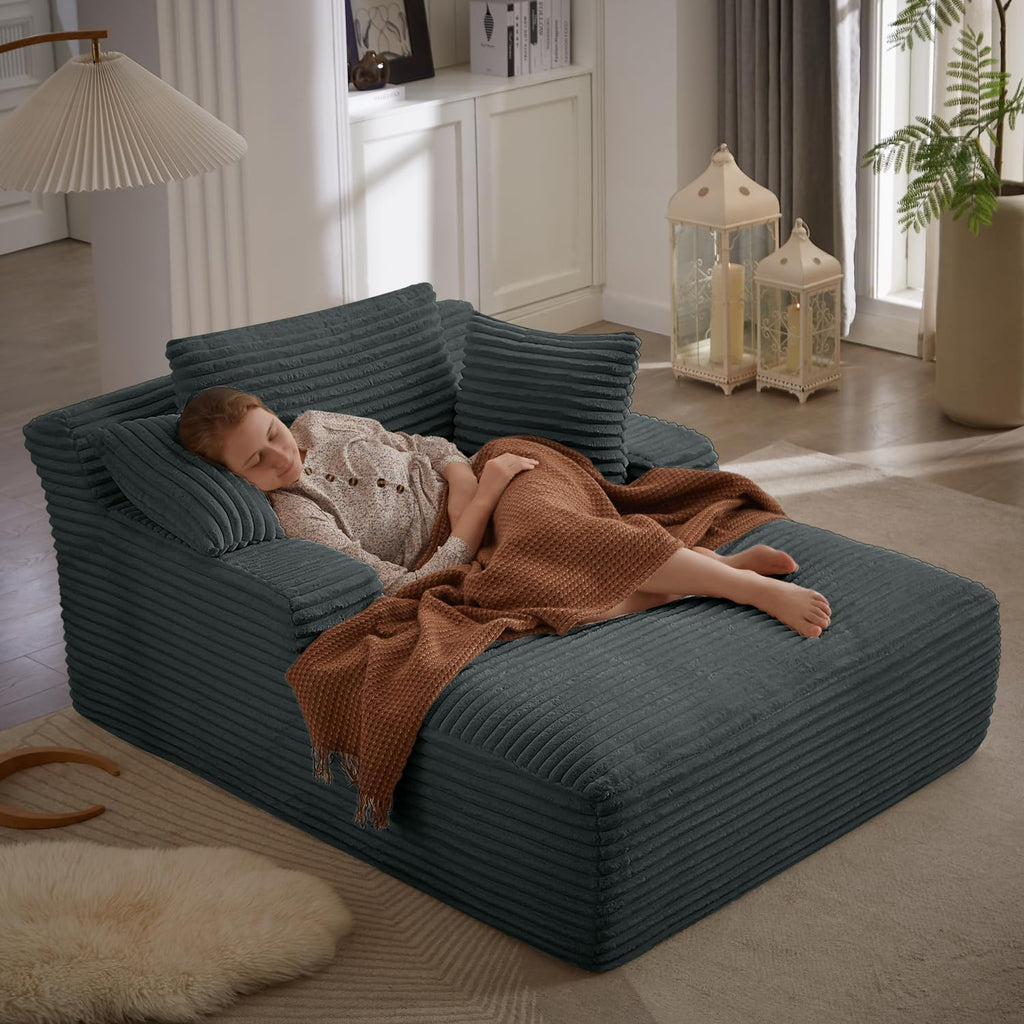 50 Inch Chaise Lounge Chair Indoor, Oversized Corduroy Upholstered Boneless Sofa Bed, Deep Seat Sleeper Couch Reading