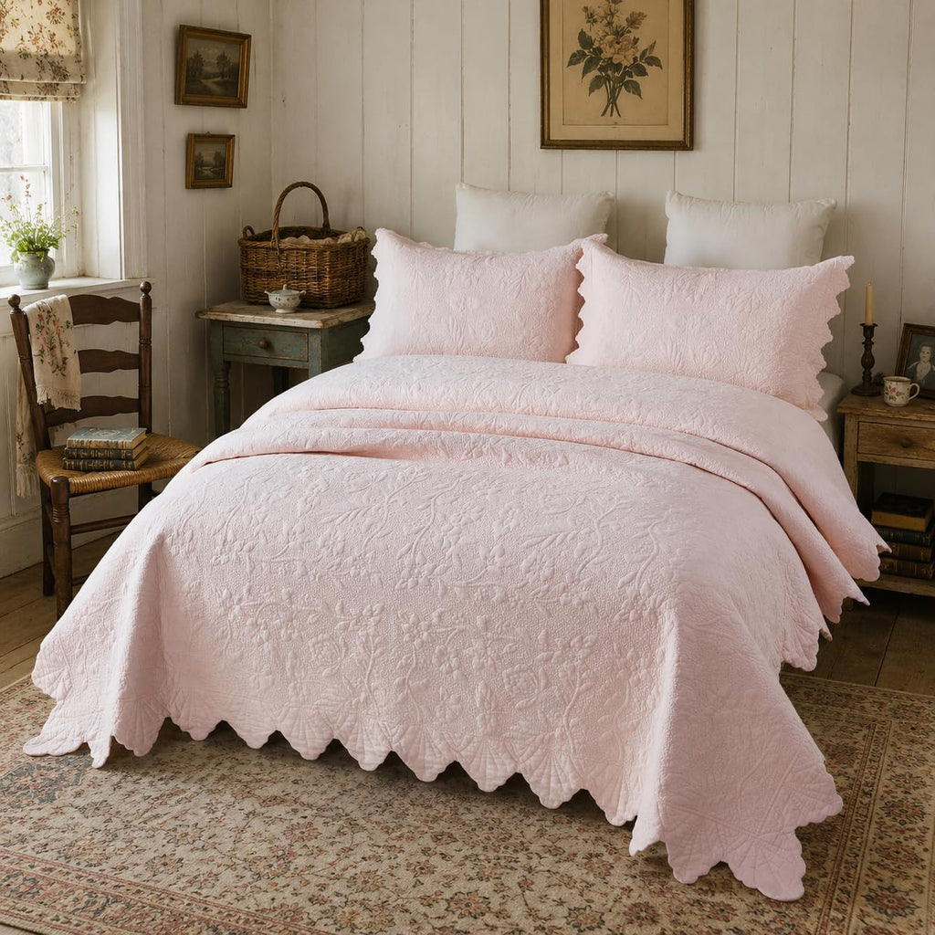 Pink Cotton Quilt Set Scalloped Matelasse Coverlet 2PC